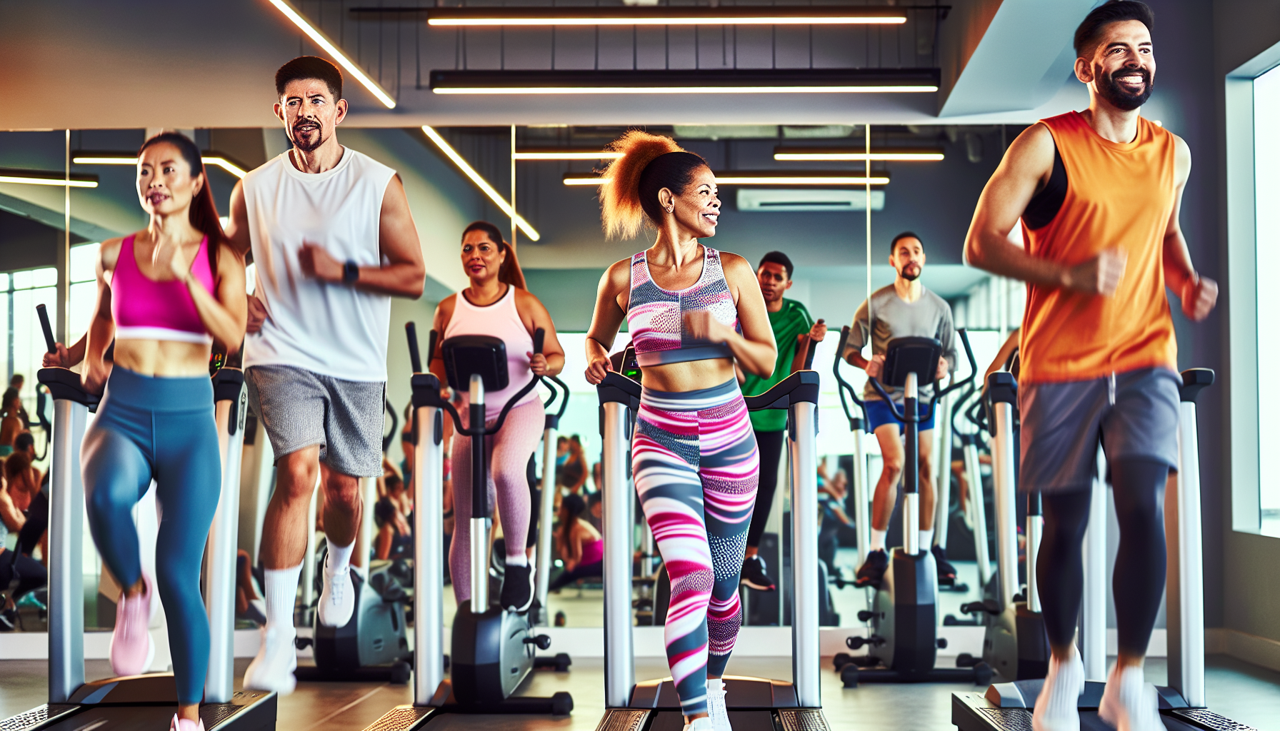 A group of people doing aerobic exercise in a gym