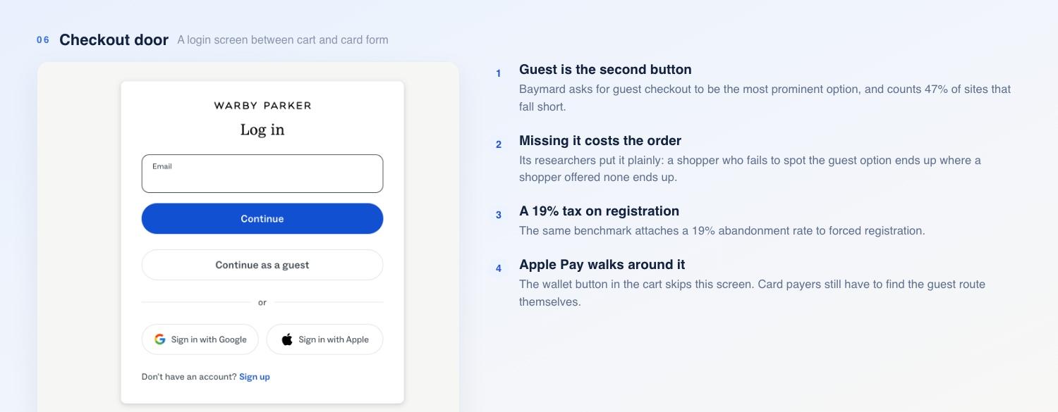 The Warby Parker login screen: an email field with a blue Continue button, Continue as a guest as a white outline button below it, an or divider, then Sign in with Google and Sign in with Apple