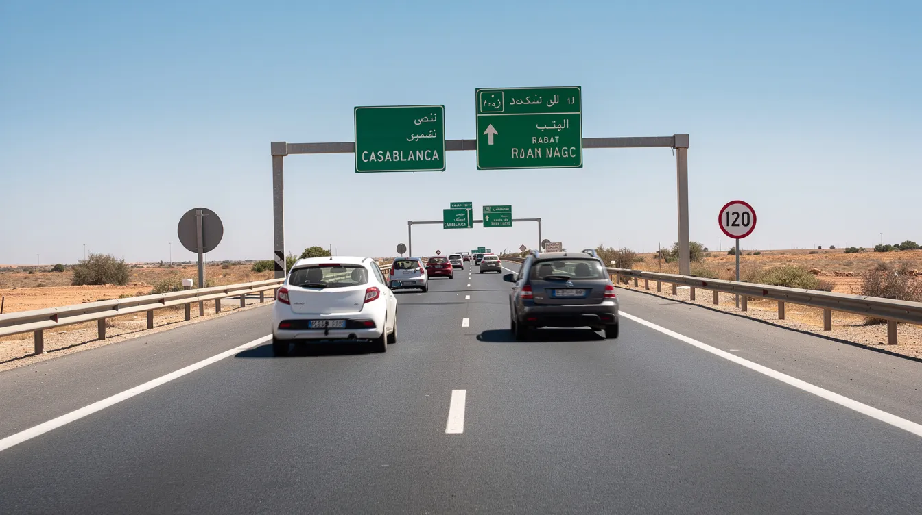 L'immagine mostra un'autostrada marocchina affollata di auto in marcia, con segnaletica stradale bilingue che indica le direzioni. Sotto un cielo limpido, si possono notare diverse vetture, simbolo di un viaggio in corso, ideale per chi cerca un servizio di noleggio auto a Casablanca, Marocco.