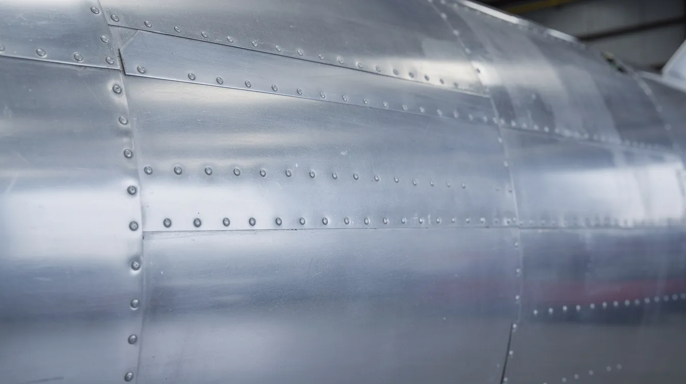 A close-up view of an aircraft fuselage showcases rows of flush rivets on polished aluminum skin panels, highlighting the precision of aircraft construction. The image captures the smooth surface where solid rivets are installed, emphasizing the details of the rivet holes and the overall assembly of the metal structure.