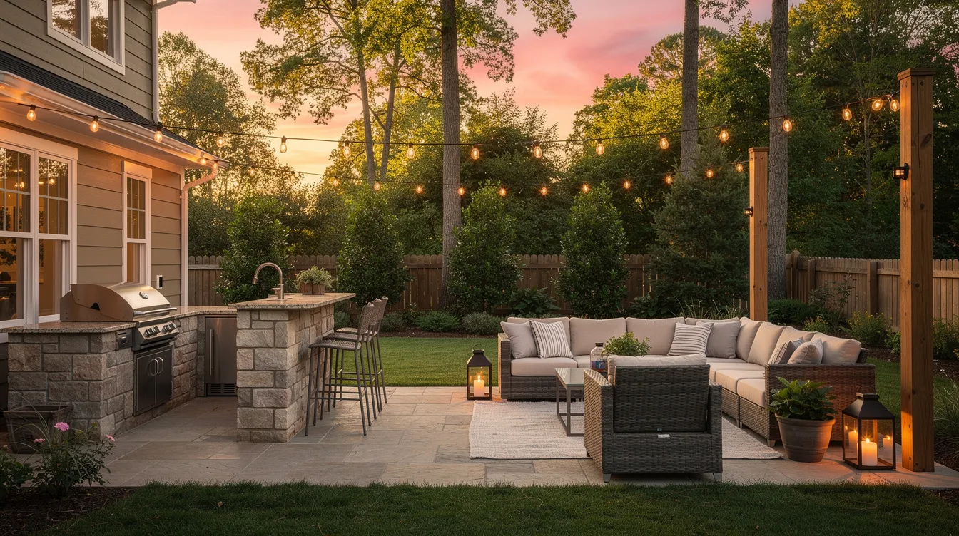 Custom patio with outdoor kitchen and seating area at sunset in a Metro Atlanta backyard
