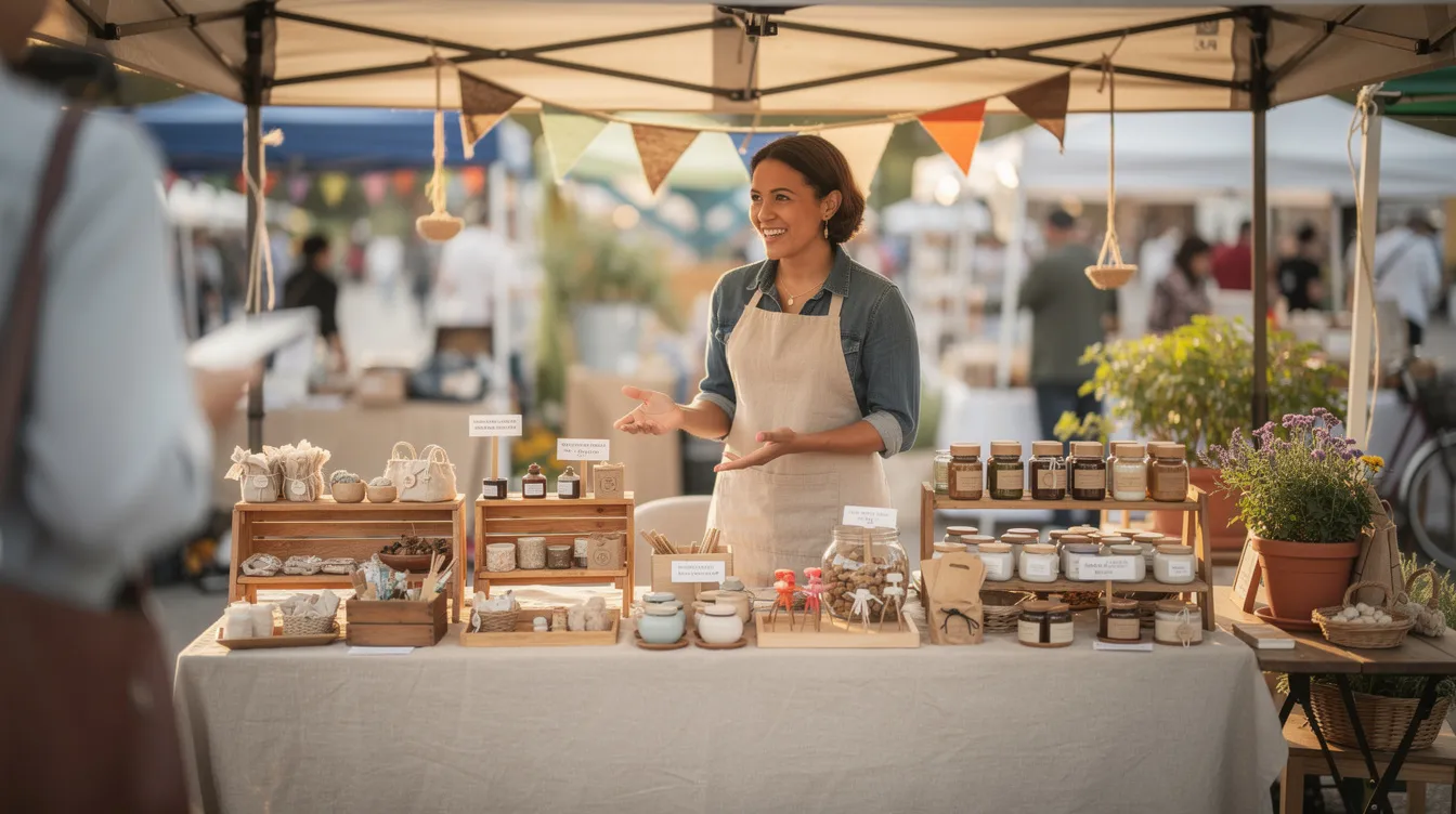 A maker stands behind a small outdoor market stall, showcasing a variety of handmade physical products to potential customers. The vibrant display highlights the unique items available for purchase, emphasizing the charm of selling in person at local markets.