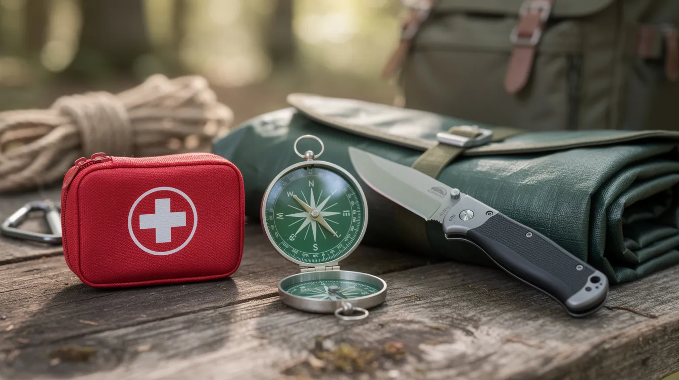 The image shows a compass, a first aid kit, a knife, and a tarp neatly arranged on various camping gear, representing essential tools for wilderness survival training. This setup highlights the importance of outdoor safety and self-reliance in survival skills courses.