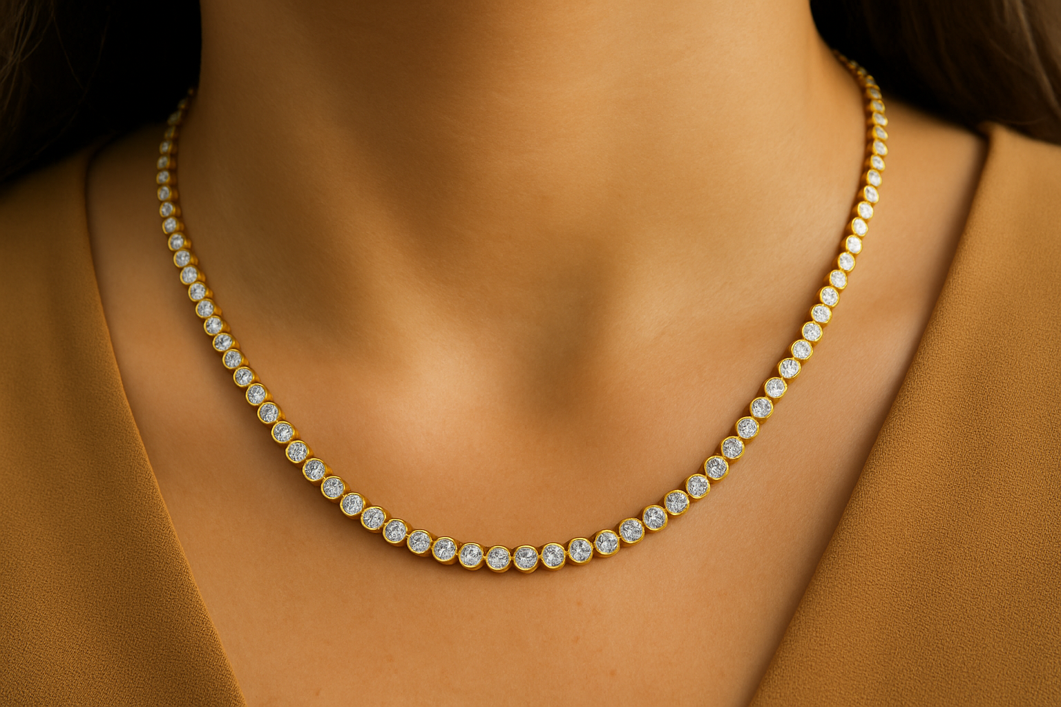 Geltono aukso „tennis“ koljė su apvaliais deimantais švelniai puošia moters kaklą