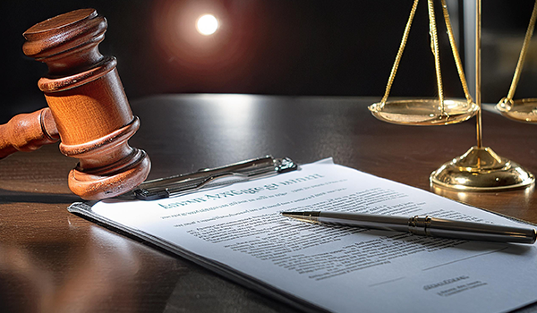 Image of legal document, judges gavel, and weight scale on a legal professional's desk