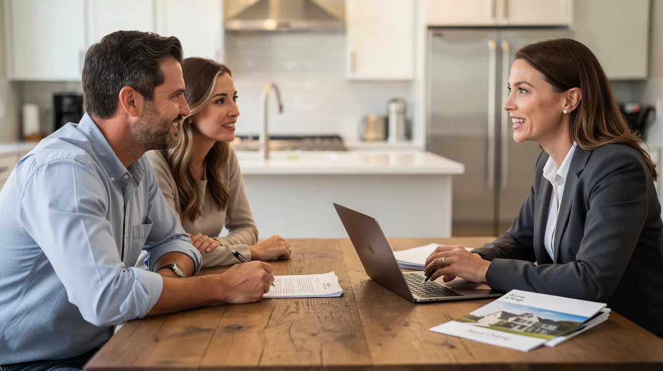A real estate professional is engaged in conversation with a couple at a kitchen table, discussing home buying options and available listings in a competitive market. The setting reflects a friendly and informative atmosphere, emphasizing the importance of real estate agents in helping potential buyers navigate the process.