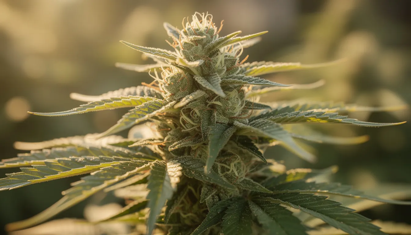 Das Bild zeigt eine reife Cannabispflanze mit üppigen Blüten, die im natürlichen Sonnenlicht erstrahlen. Die Pflanze ist ein Teil der Hanfpflanze und enthält verschiedene Cannabinoide, die für ihre potenziellen Wirkungen, wie die Unterstützung bei Schlafstörungen, bekannt sind.