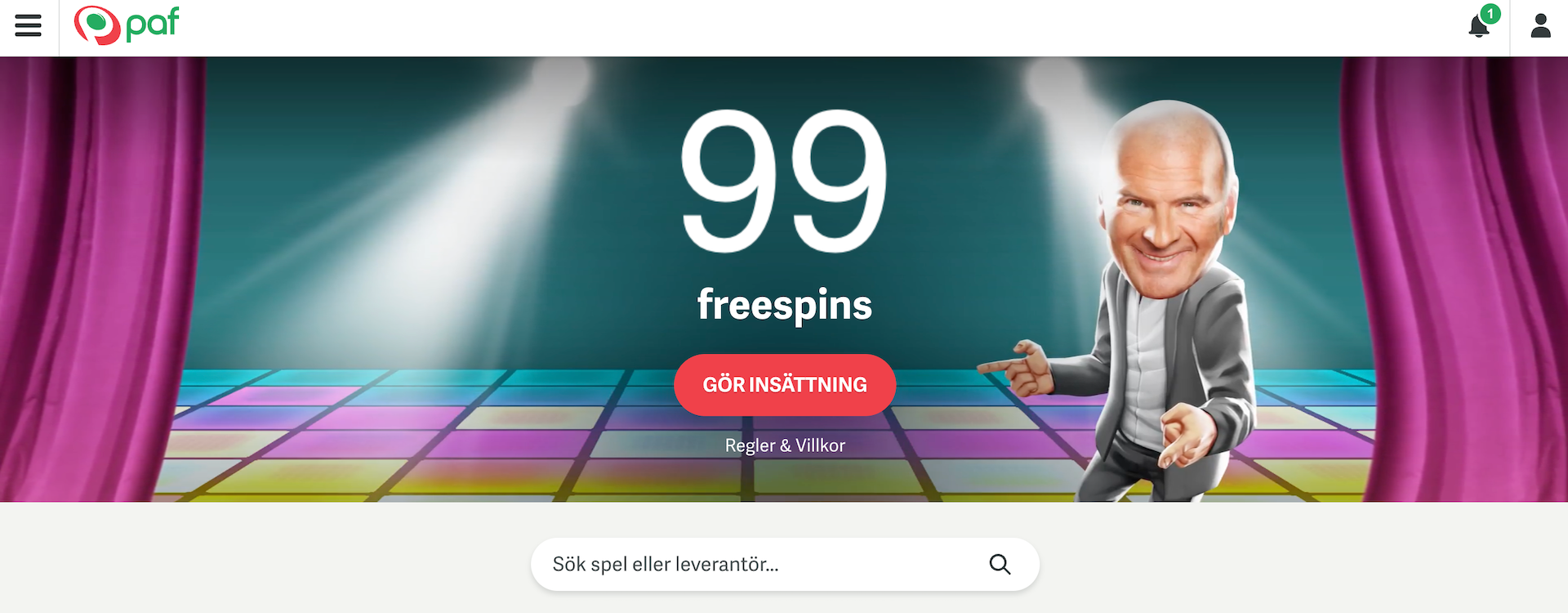 Paf startsida med bonus - 99 freespins