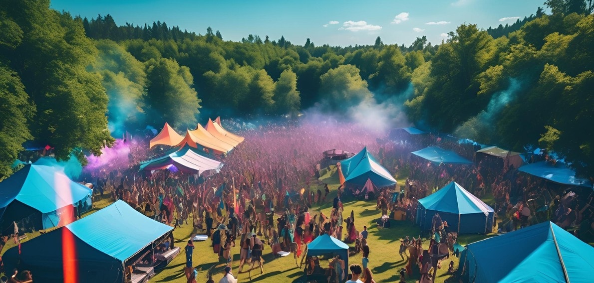 Campsite at a festival with recycling bins and solar lights