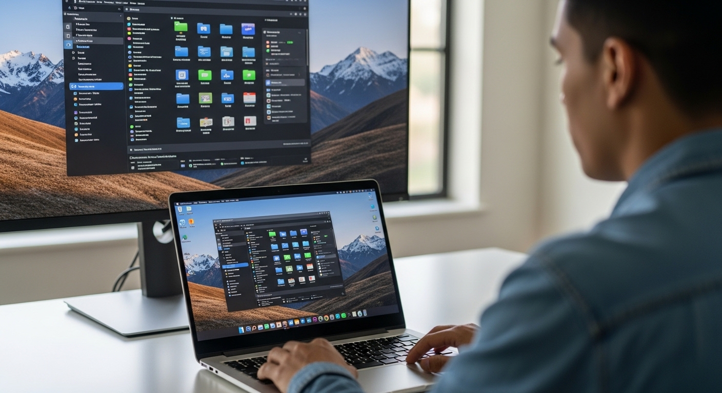 User viewing and controlling their office desktop remotely on a laptop, with identical screens mirrored in real time.