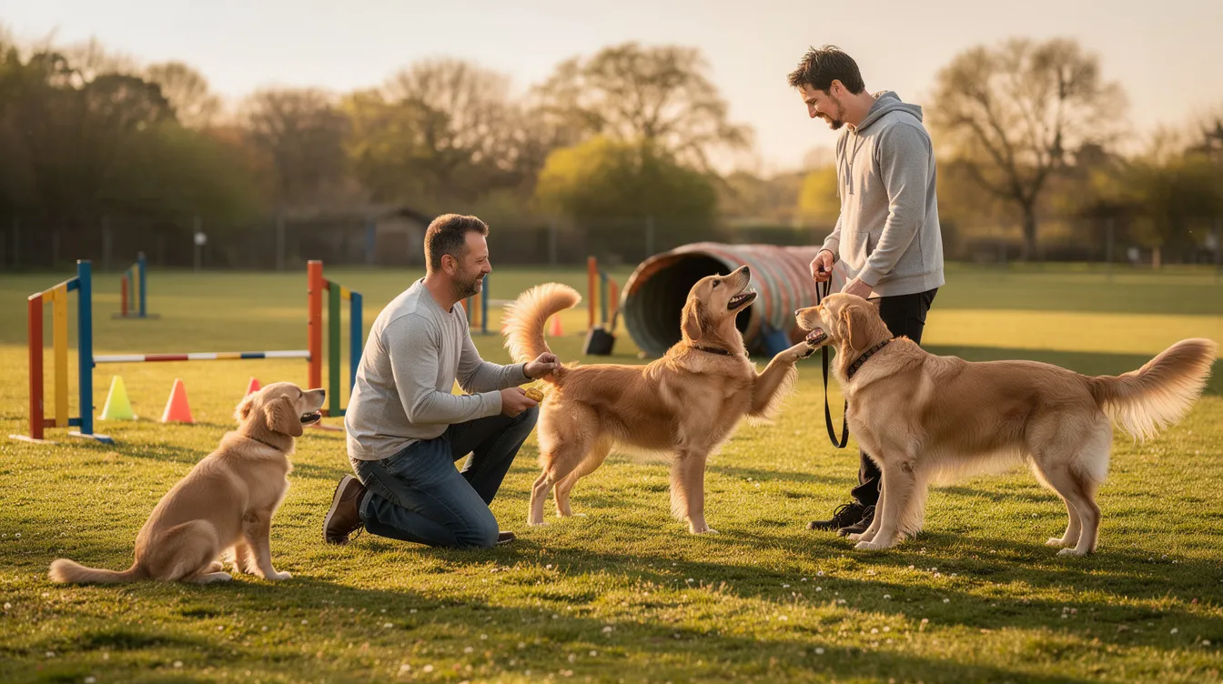 The image depicts a young dog engaged in a training session with a professional dog trainer, focusing on basic obedience commands. The setting is a calm outdoor environment, illustrating the consistent practice and positive reinforcement essential for effective dog training.