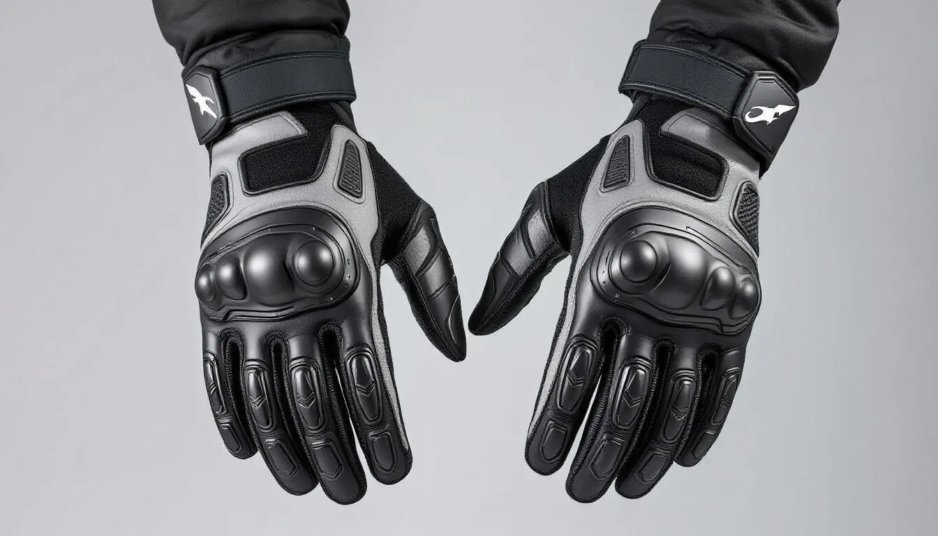 Protective features of motorbike gloves, including padding and armour.
