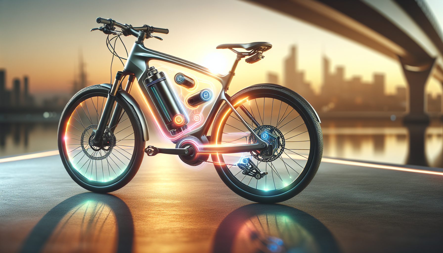 An illustration of a modern e-bike with electric motor and battery