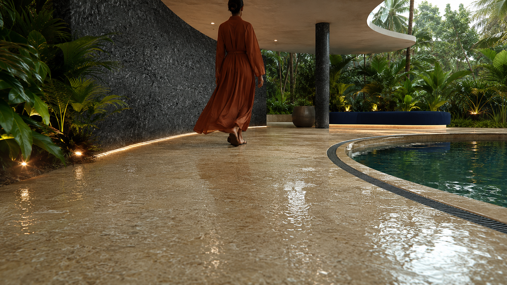 Textured Cavastone pool deck providing traction after tropical rainfall.