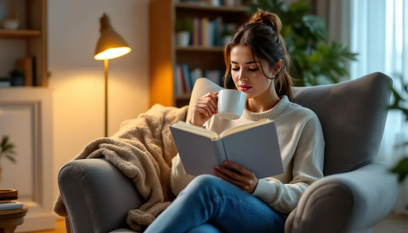 A person is seated in a comfortable chair, engrossed in a finance book, while sipping a cup of coffee. The scene reflects a moment of learning about personal finance and financial literacy, emphasizing the importance of understanding investments and saving money for achieving financial goals.