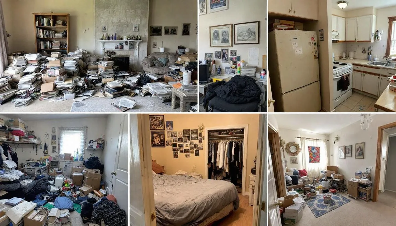 Das Bild zeigt verschiedene Räume eines Hauses, die vor der Entrümpelung stehen. Überall sind Möbel und Gegenstände verteilt, die auf eine bevorstehende Haushaltsauflösung in Leverkusen hinweisen.