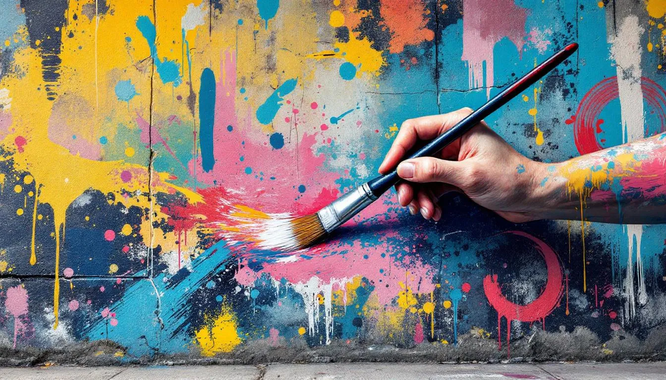 Applying paint to a concrete surface with a brush.