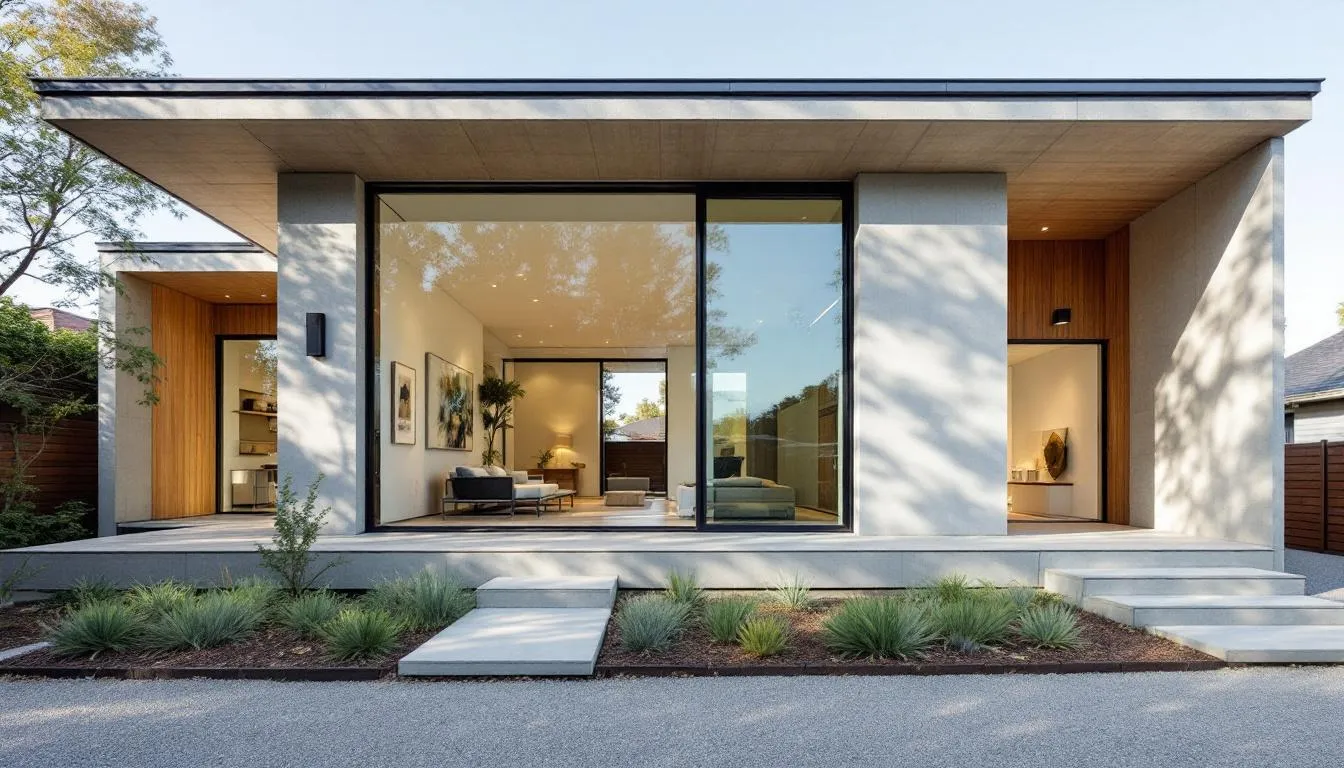 A modern house exterior showcases sleek architectural design, with attention to potential building and weatherproofing considerations. The image highlights features that may require a land information memorandum (LIM) for assessing natural hazards, stormwater management, and compliance with local building consents.