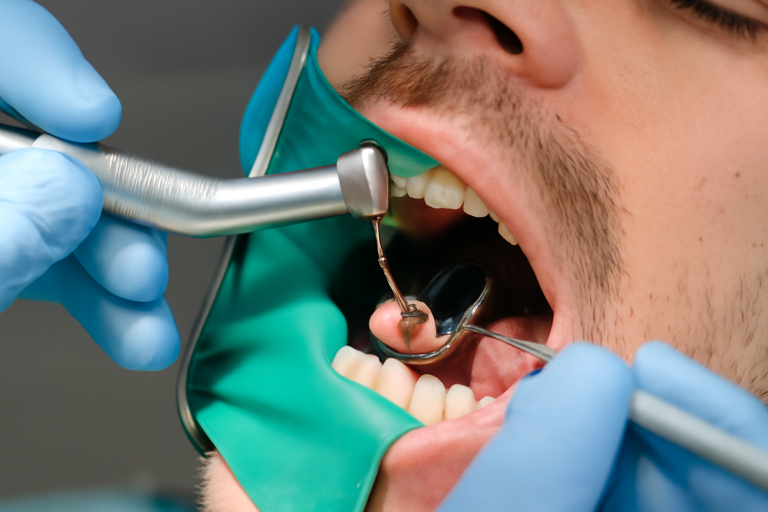 Tannlege utfører rotfylling på en tann med betennelse ved hjelp av spesialutstyr.
