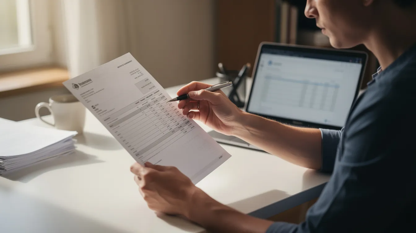 A person is intently reviewing bank details on a paper document while sitting next to their laptop, ensuring the accuracy of the account number and beneficiary name for upcoming financial transactions. This careful examination is crucial to avoid any incorrect beneficiary details that could lead to misdirected transfers.