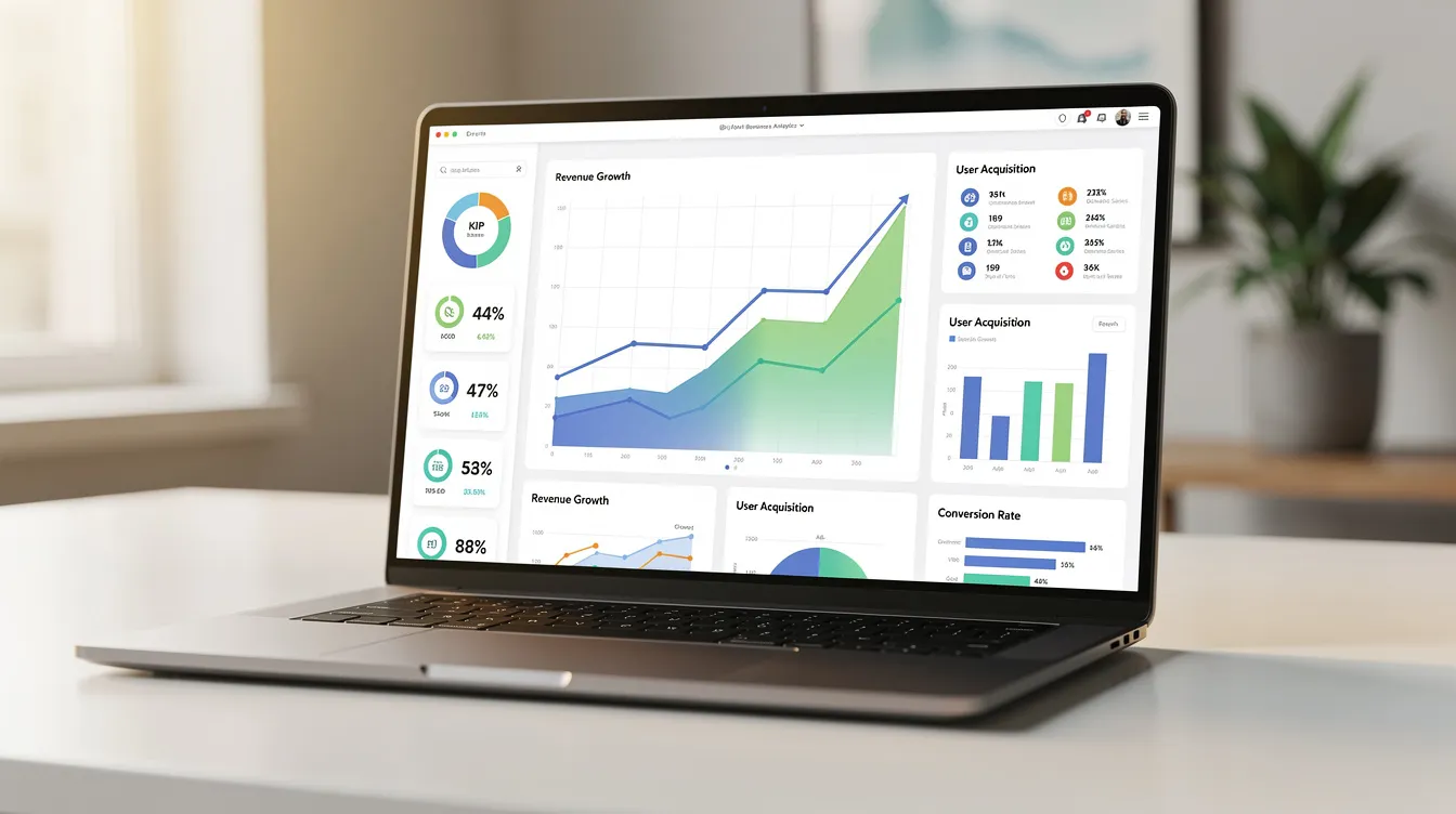 The image shows a laptop screen featuring a business analytics dashboard, displaying various growth charts and key metrics that highlight a company's performance. This visual representation is essential for creating a compelling pitch deck presentation aimed at attracting potential investors.