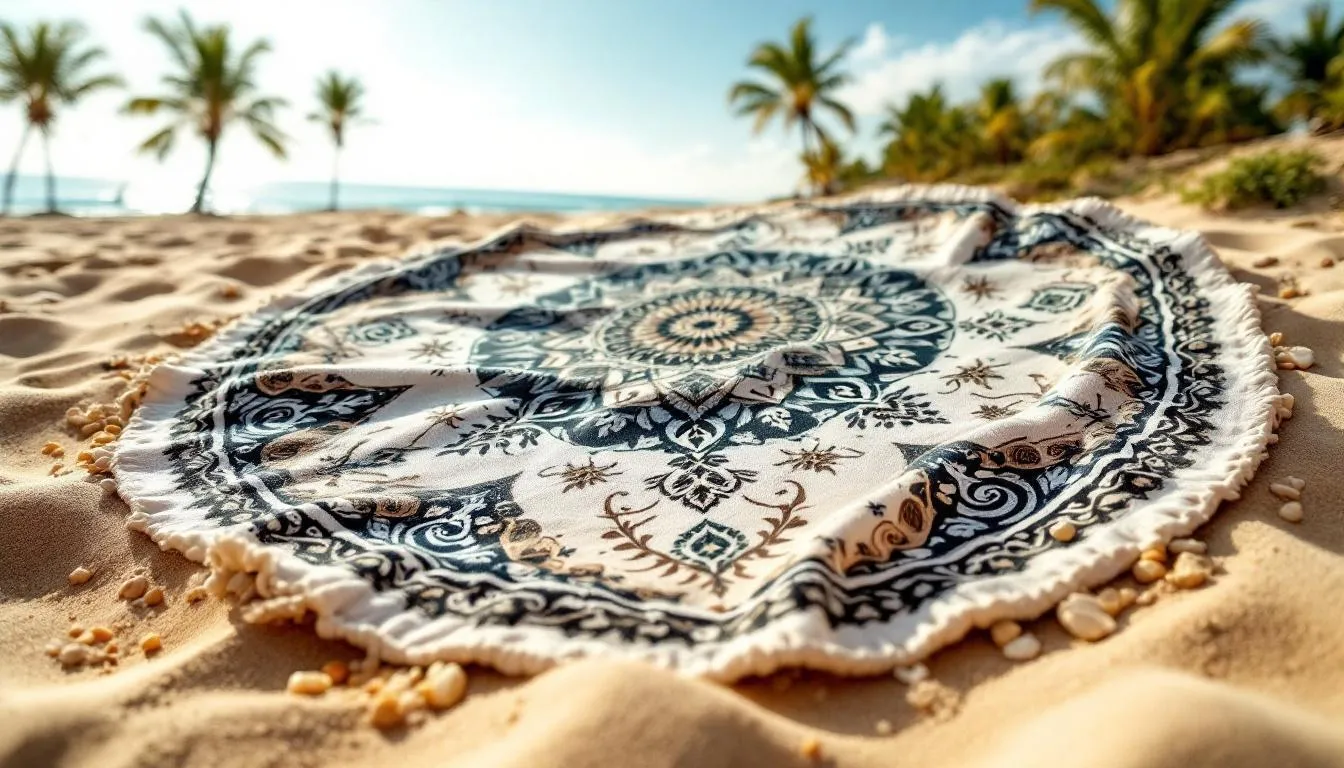 Une serviette de plage ronde aux motifs bohèmes est soigneusement disposée sur le sable, évoquant une ambiance estivale idéale pour des escapades au bord de la mer. Ce linge de maison haut de gamme, avec ses couleurs vibrantes et son confort, est un accessoire de mode incontournable pour profiter du soleil et du farniente.