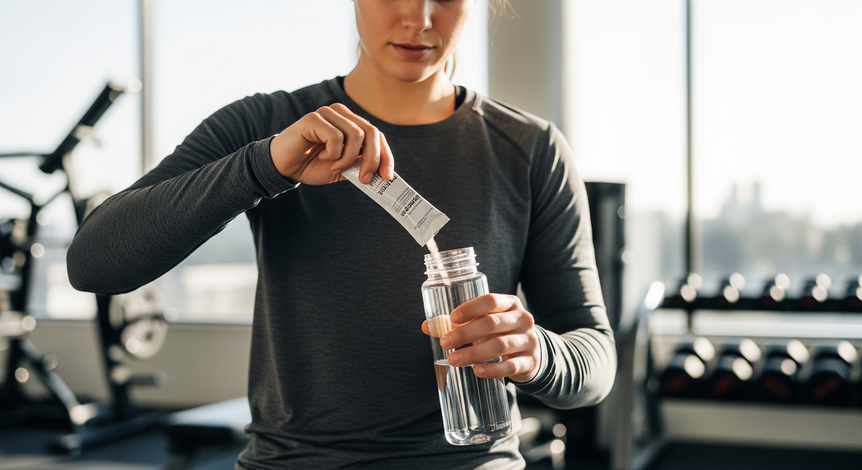 athleisure person adding stick pack to water bottle at the gym, wellness lifestyle, bright natural light