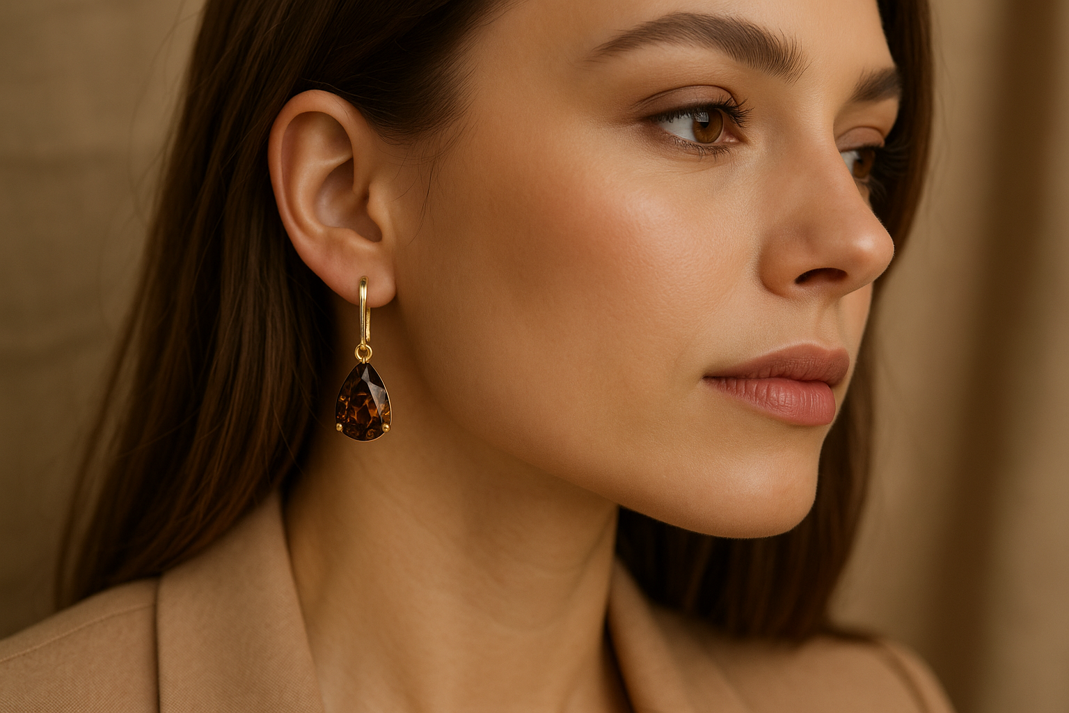 Stilinga moteris dėvi kabamuosius auskarus su kriaušės formos konjakiniais deimantais. Auskarai su anglišku užsegimu