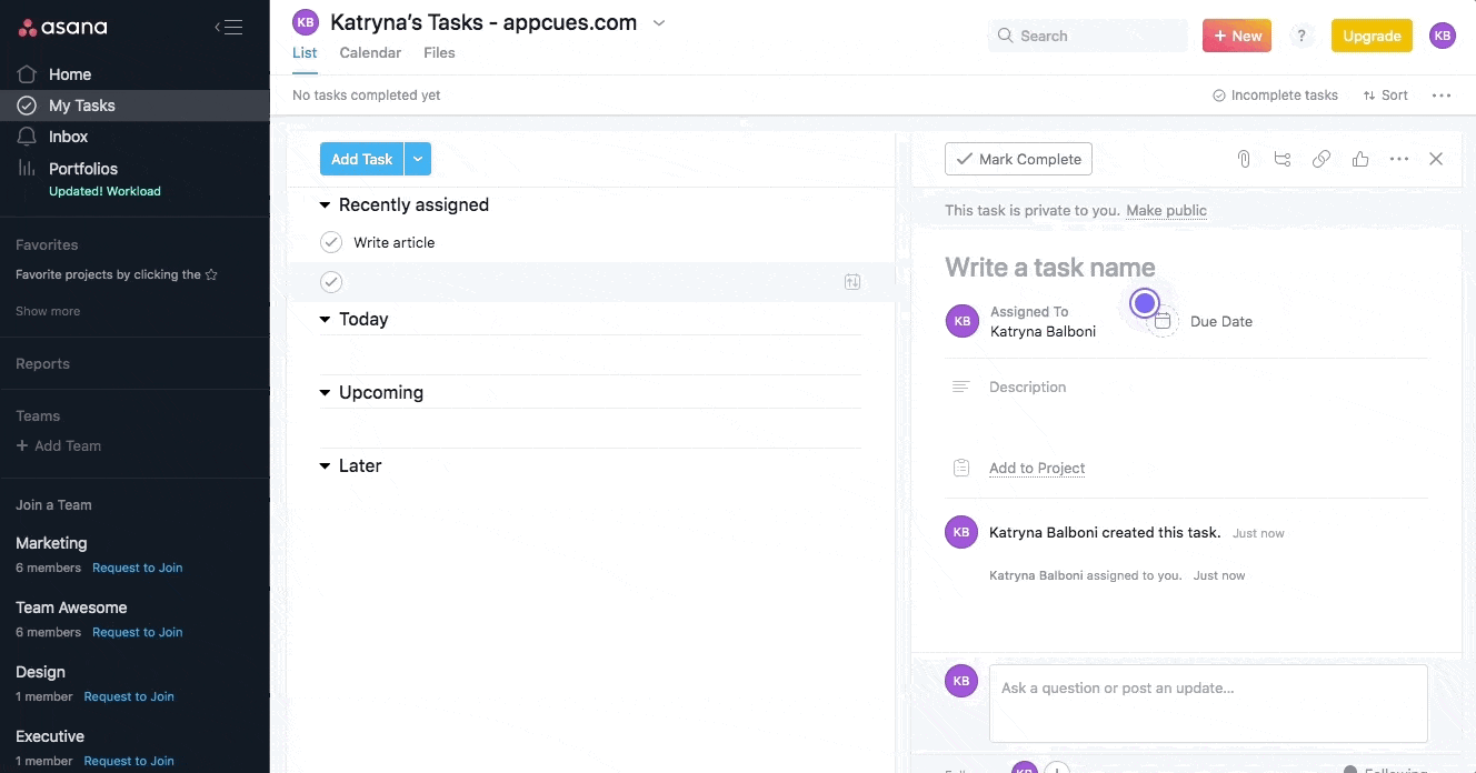 Asana uses hotspots to prompt action.