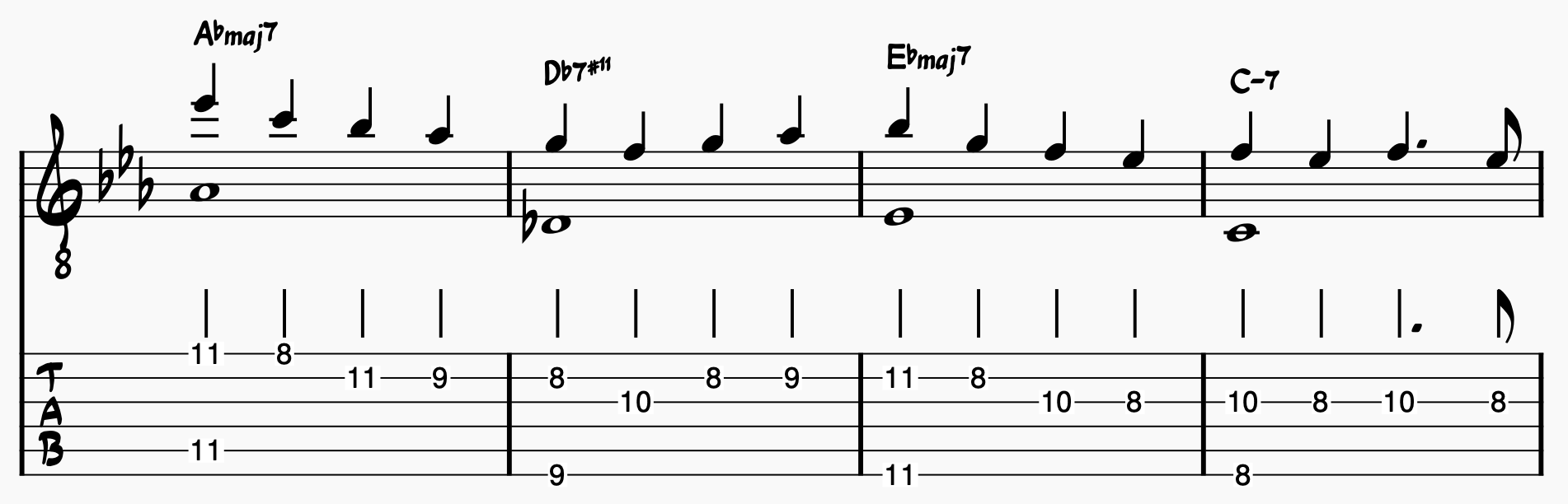 Chord Melody Guitar: There Will Never Be Another You Melody and Bass Notes; bars 9-12