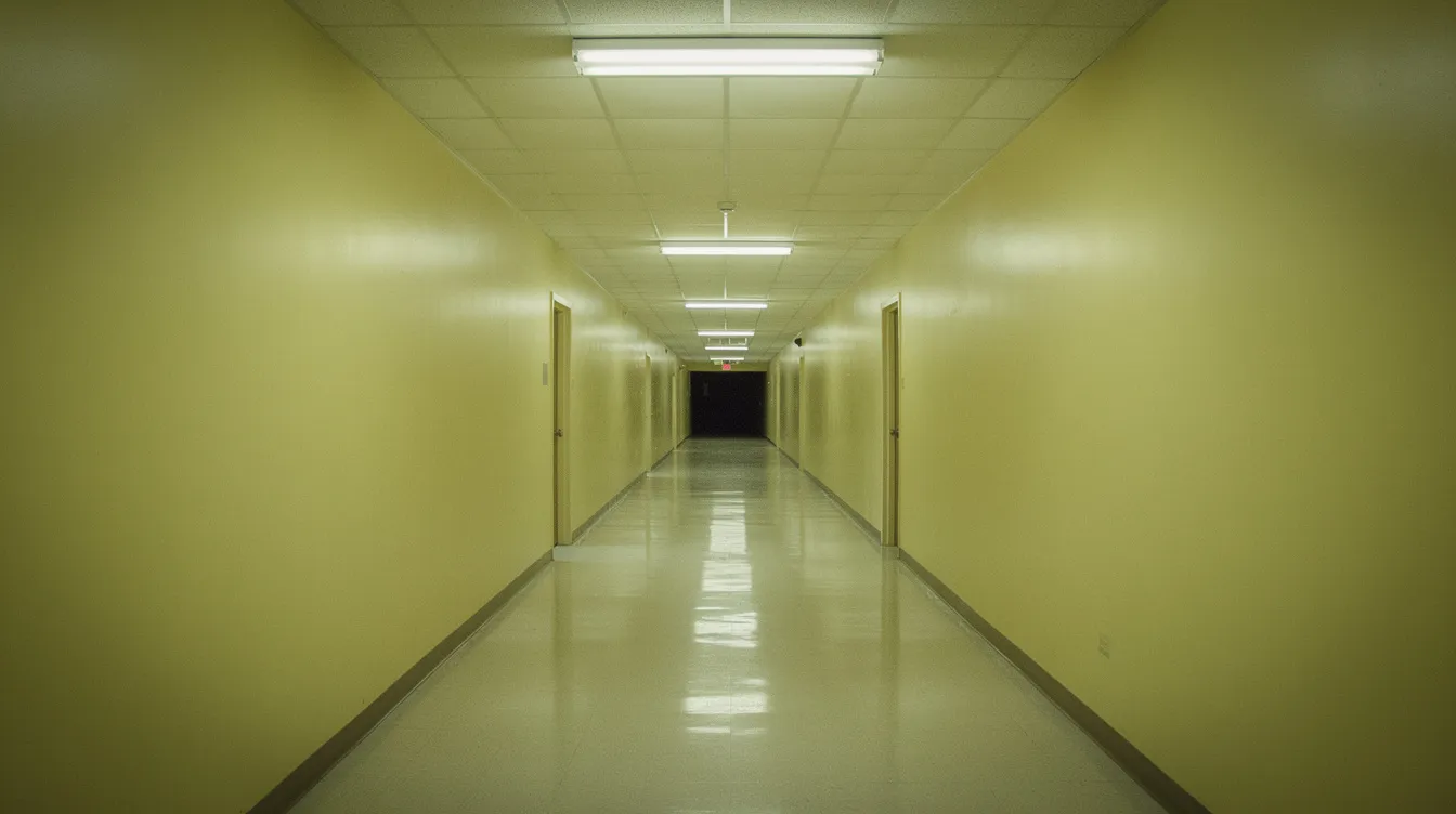 The image depicts an endless yellow-walled hallway illuminated by harsh fluorescent lighting, leading into an ominous darkness, evoking a sense of dread reminiscent of popular Roblox horror games. This unsettling scene captures the essence of survival horror, where players might encounter terrifying creatures and face jump scares as they navigate through the eerie environment.