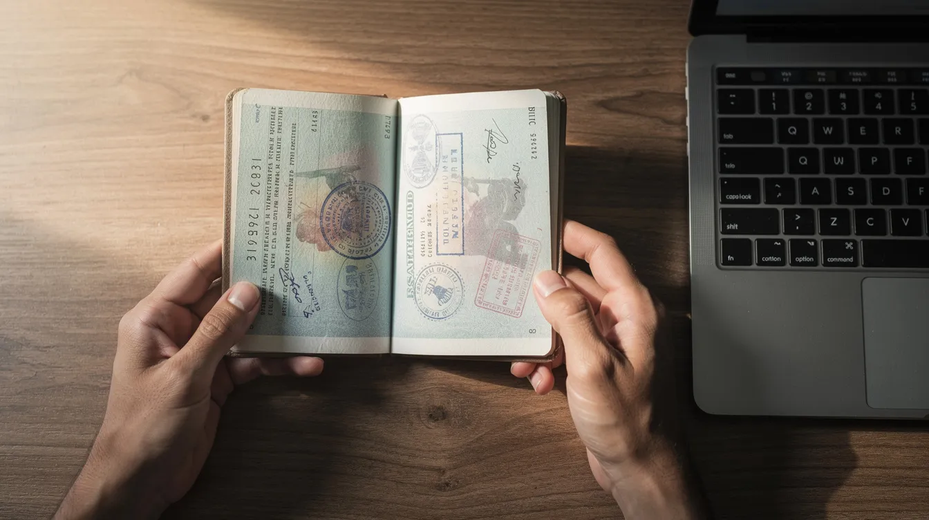 An open passport is held in hands next to a laptop keyboard on a wooden desk, symbolizing the important documentation required for a trip, such as visa requirements for entry into countries like Ireland. This scene highlights the necessity for travellers to ensure they have the correct identity documents for a smoother journey.