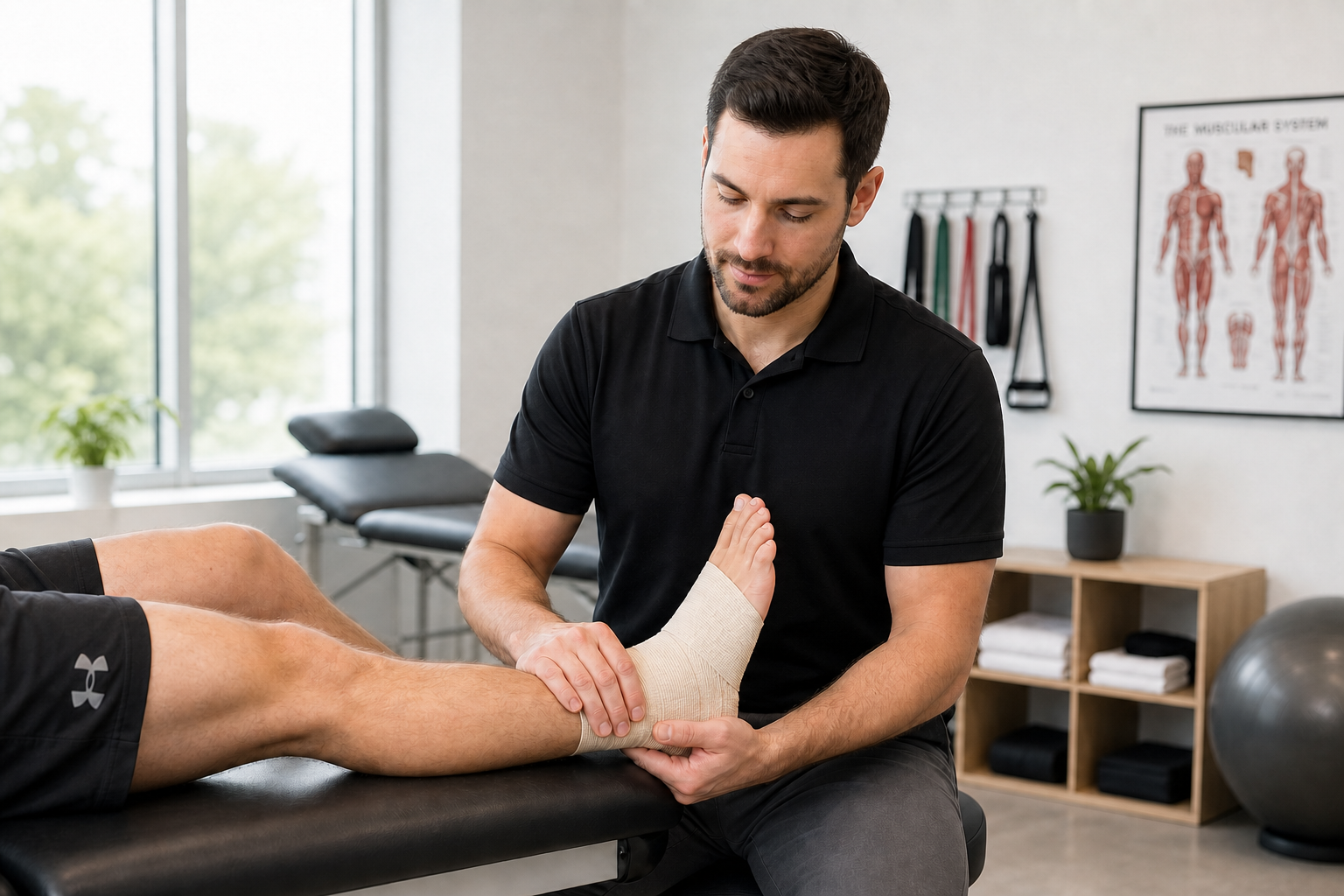 Physical therapist treating a sprained ankle in a clinic