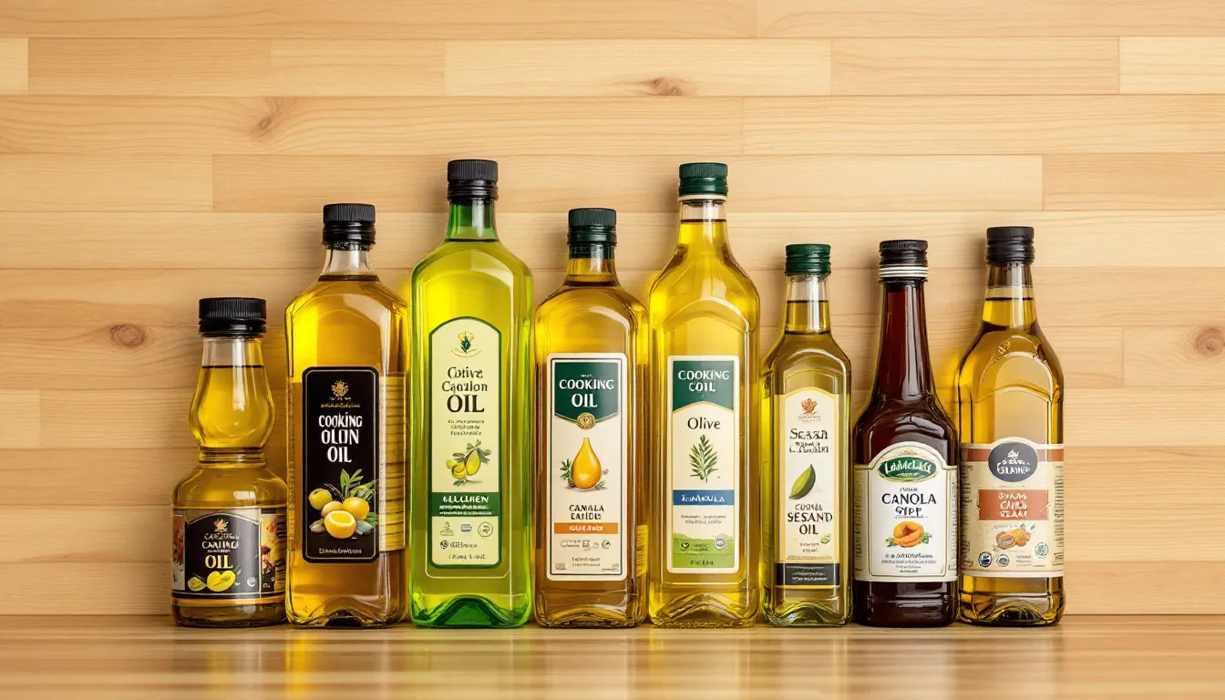 The image displays a variety of cooking oil bottles, showcasing different colors and viscosities, including olive oil, peanut oil, and sunflower oil, arranged neatly on a kitchen counter. These vegetable oils represent a selection of edible oils commonly used for cooking, each with its unique characteristics and uses.