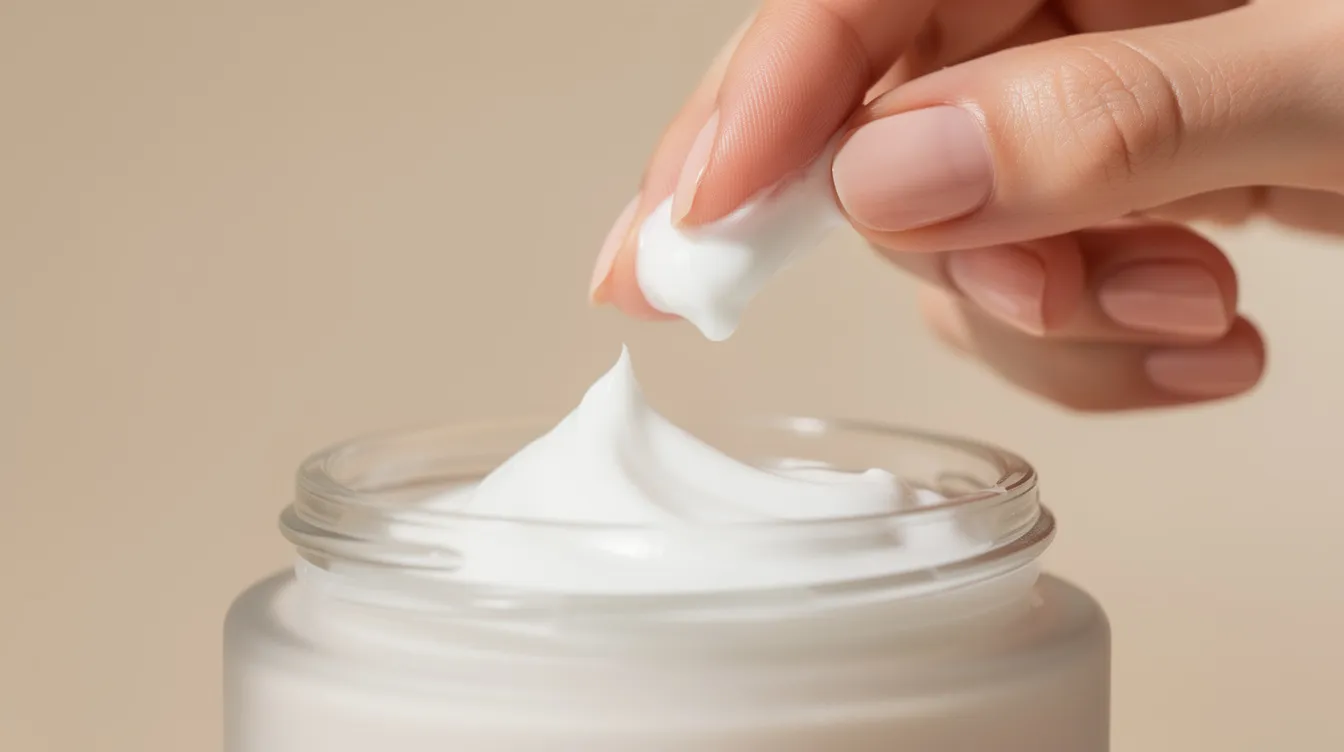 A close-up image shows a hand gently dispensing a small amount of moisturizer from a jar, ideal for post-treatment care following a CO2 laser resurfacing procedure. This healing ointment helps soothe treated skin and supports the recovery process for new skin, ensuring proper hydration and protection during the healing period.