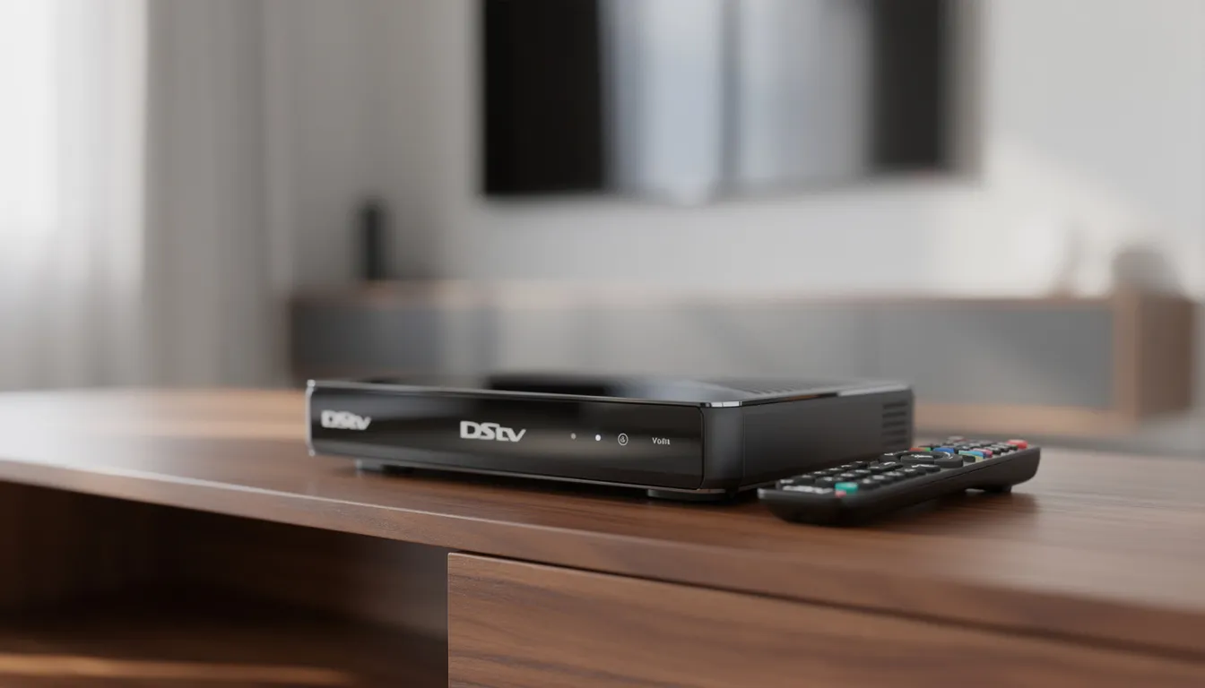 The image shows a DStv decoder and a remote control placed neatly on a TV cabinet, highlighting the essential components for a satellite TV setup. This setup is ideal for those seeking professional DStv installation services in Kuils River, ensuring optimal signal strength and uninterrupted viewing.