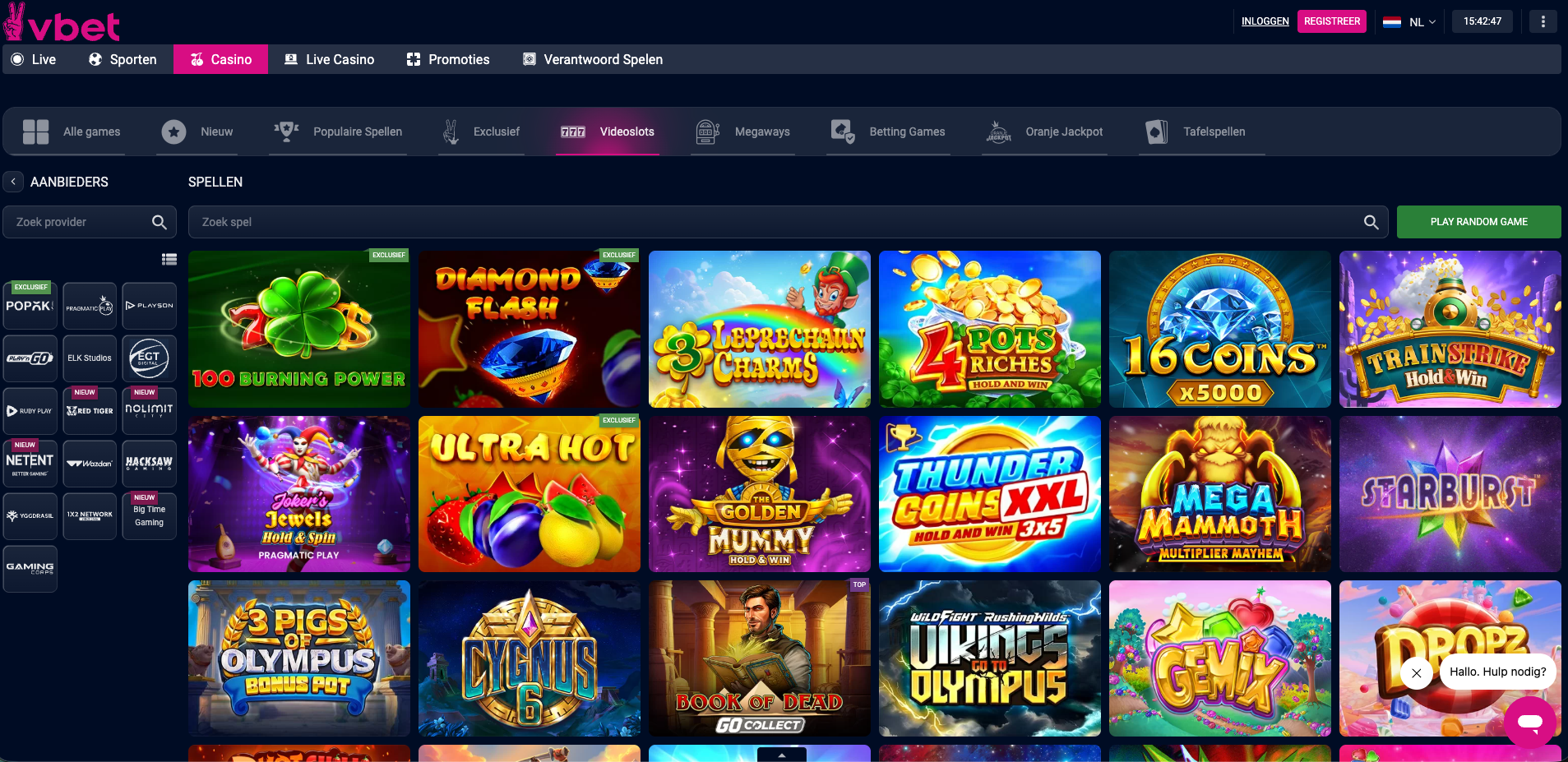 Overzicht van de videoslots-categorie in het vbet online casino, met populaire slotgames zoals Starburst, Book of Dead, Mega Mammoth, Thunder Coins XXL en 3 Leprechaun Charms, inclusief filters voor spelproviders en categorieën.