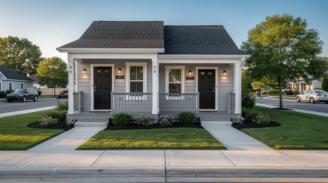 The image depicts a beautifully renovated duplex property on a residential street, featuring fresh paint and well-maintained landscaping that enhances its curb appeal. This multifamily property represents a strong opportunity for real estate investors looking to raise capital and attract potential investors in the residential market.