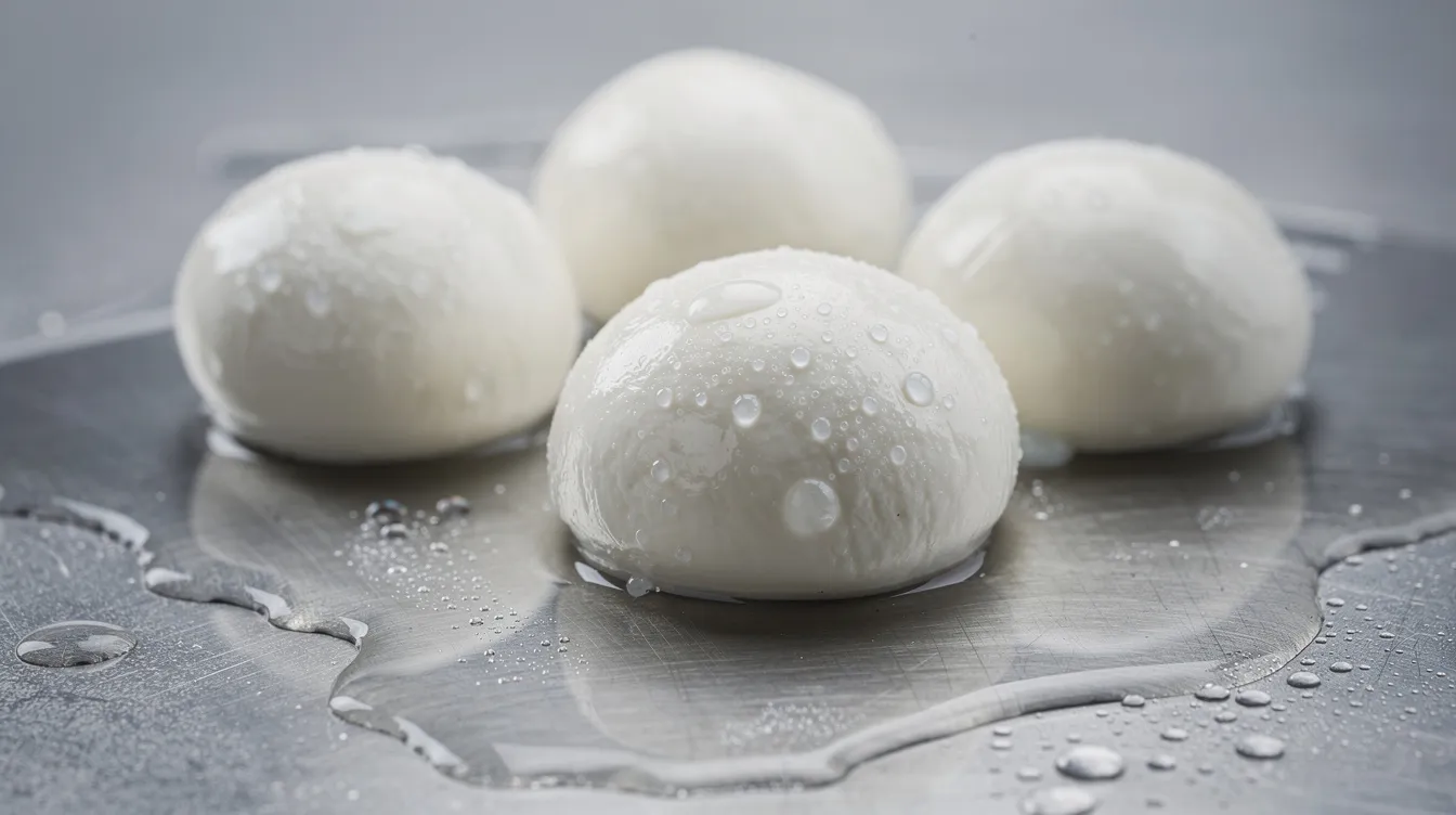 00f23099 1da4 4704 90ee fd3a5312ba3b A close-up view of fresh white mozzarella cheese balls submerged in water on a stainless steel surface, showcasing their smooth texture and round shape, typical of mozzarella production. This image highlights the quality and freshness essential in cheese manufacturing, particularly for pasta filata cheeses used in dishes like pizza.