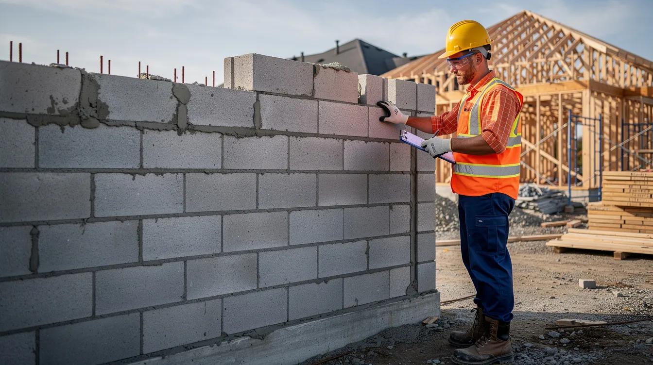 Un ouvrier du bâtiment, vêtu d'une tenue de sécurité, inspecte attentivement un mur en parpaings inachevé sur un chantier résidentiel. Cette intervention est cruciale pour garantir la solidité de l'ouvrage et respecter les obligations liées à la garantie décennale.