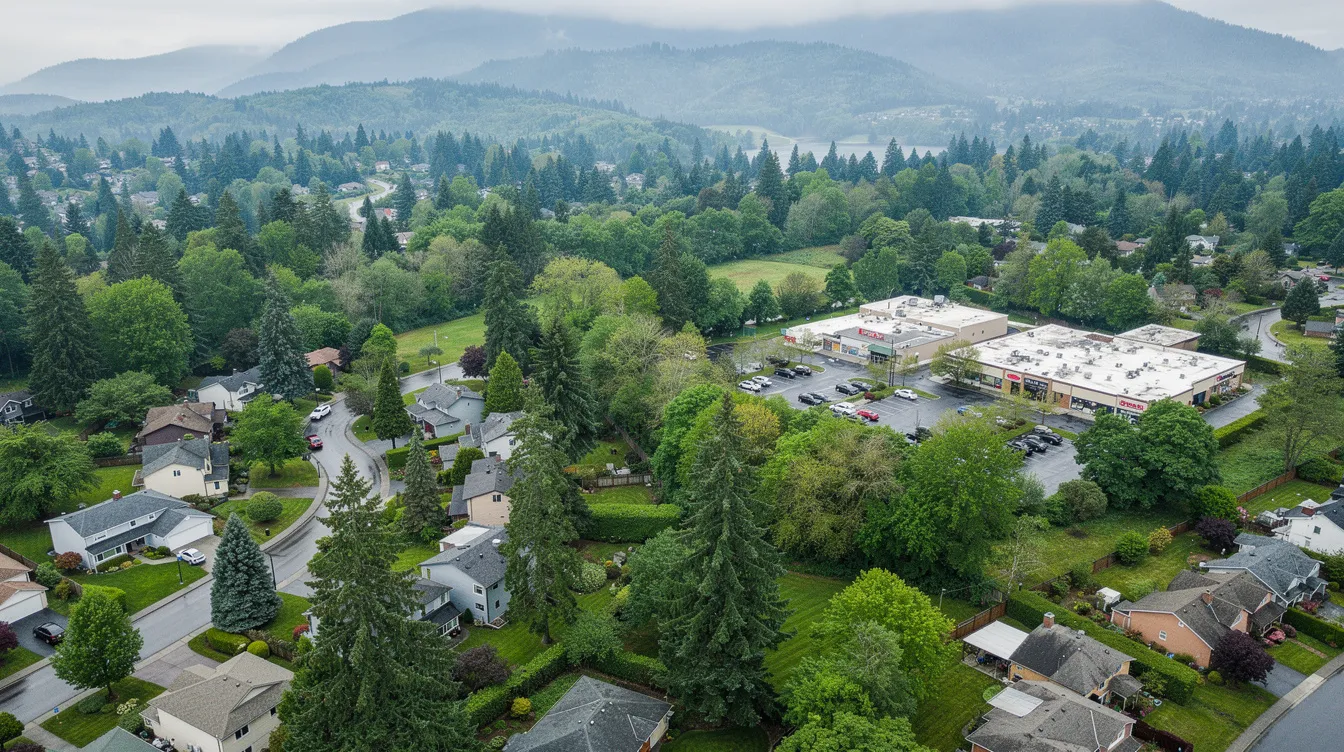 An aerial view showcases a suburban neighborhood in the Pacific Northwest, featuring lush green trees and a mix of residential homes and commercial buildings. This vibrant community is supported by reliable plumbing services, ensuring efficient plumbing systems and emergency plumbing solutions for local residents in Tukwila, WA.