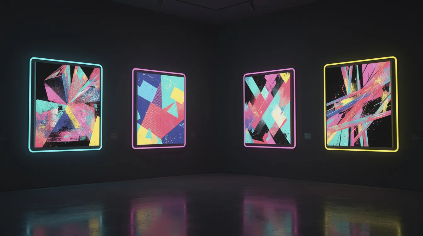 In einem virtuellen Galerieraum hängen bunte digitale Kunstwerke in leuchtenden Rahmen an dunklen Wänden, die die Verbindung zwischen Kunst und moderner Technologie symbolisieren. Diese Kunstwerke könnten als NFTs betrachtet werden, die auf der Ethereum Blockchain basieren und das Potenzial der dezentralen Anwendungen (dApps) der Krypto-Welt darstellen.