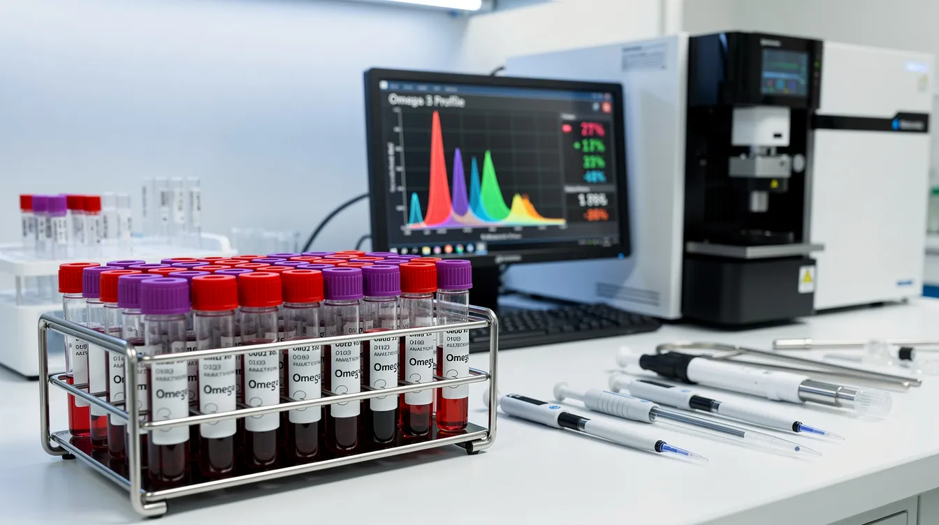 The image depicts a laboratory setting filled with various blood sample vials and advanced testing equipment designed for omega-3 analysis. This environment is focused on studying the health benefits of omega-3 fatty acids, including their role in cardiovascular health and the effects of fish oil supplements.