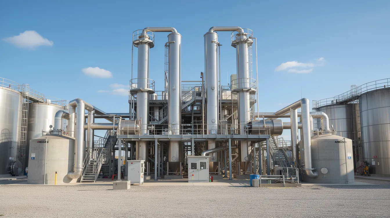 The image depicts a large industrial ethanol distillery facility featuring steel tanks, distillation columns, and extensive piping systems set in an open yard. This ethanol manufacturing plant is designed for high operational efficiency and is involved in the production of ethanol from various raw materials, including cellulosic biomass and starch-based crops.