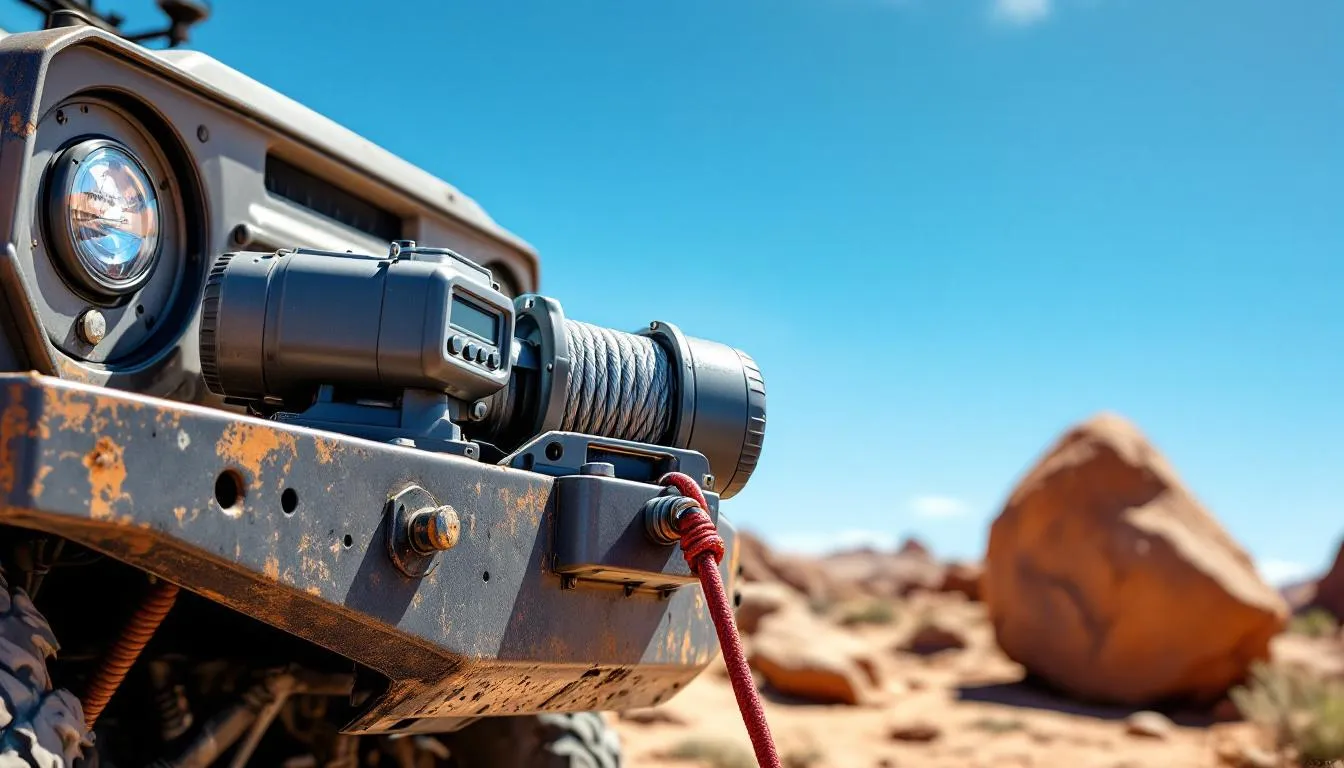 An electric winch is mounted on the front bumper of an off-road truck, showcasing essential recovery gear for vehicle recovery. The winch is equipped with winch rope and hooks, ready to assist in pulling vehicles stuck in mud or on rough trails.