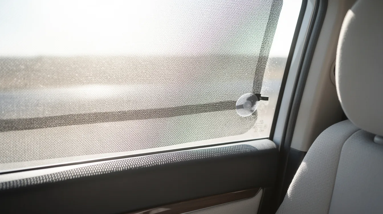 A car window displays a stick-on sunshade that partially blocks bright sunlight, creating a soft shadow across the passenger seat, making it a great option for staying comfortable during long road trips. This simple addition can make all the difference in keeping the interior cool and enjoyable for passengers.
