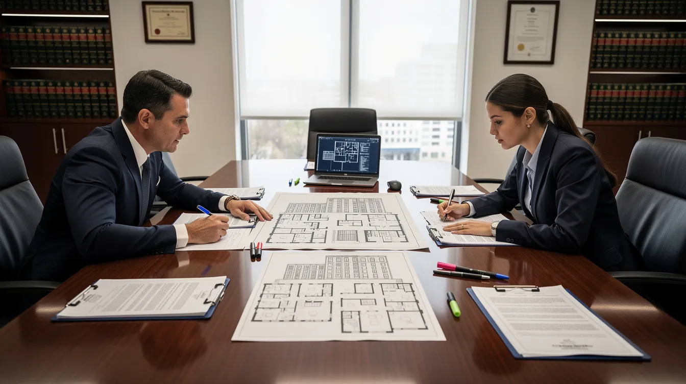 The image depicts a professional consultation meeting in a law office, where construction defect attorneys are discussing documents and building plans spread across a conference table, focusing on construction defect claims and the responsibilities of various parties involved in a construction project. The atmosphere is serious, reflecting the importance of establishing liability and navigating complex legal arguments related to construction defects.