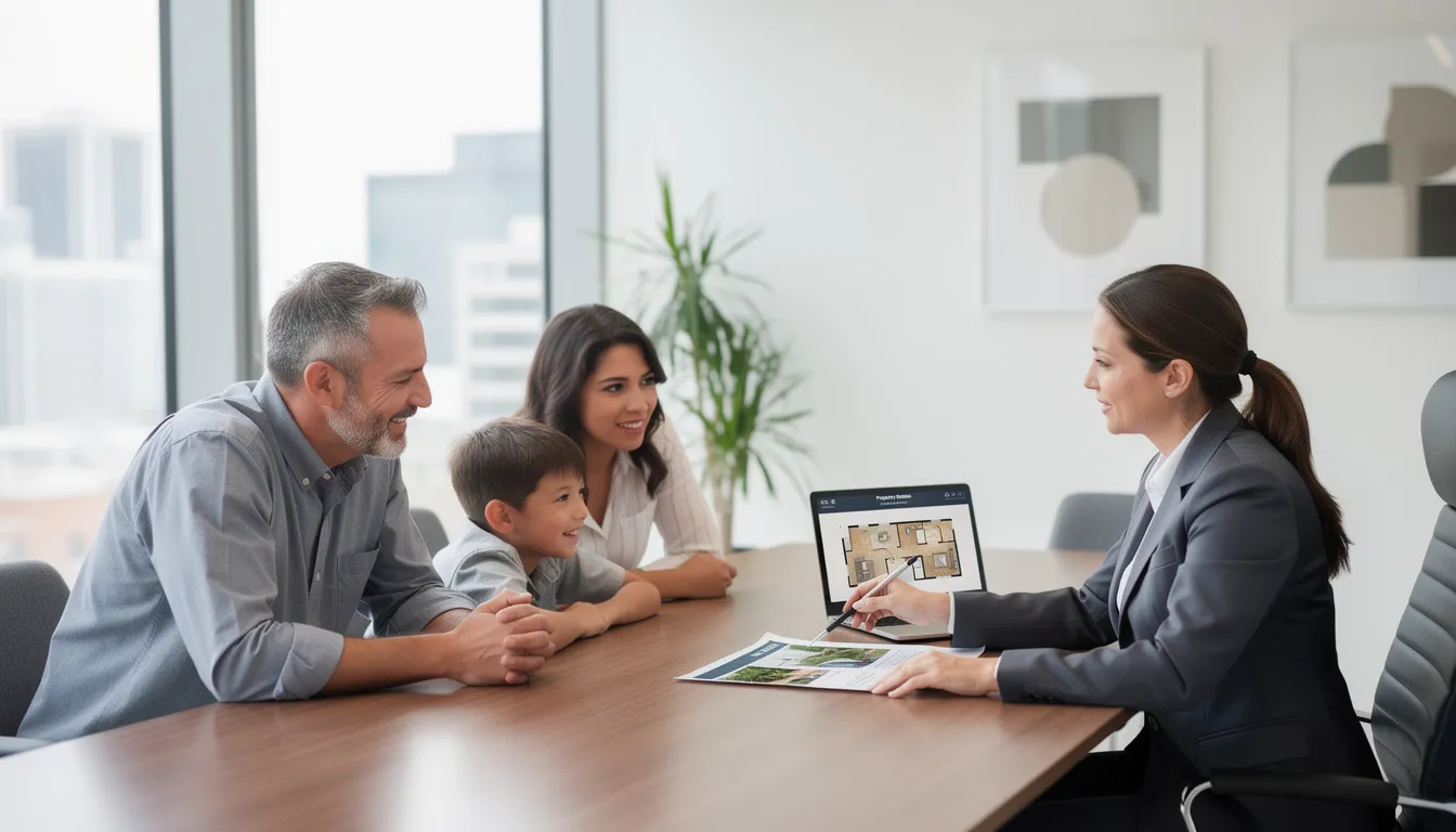 A family discusses residential real estate transactions with a professional agent, reviewing purchase price, documentation, and potential red flags in their deal.