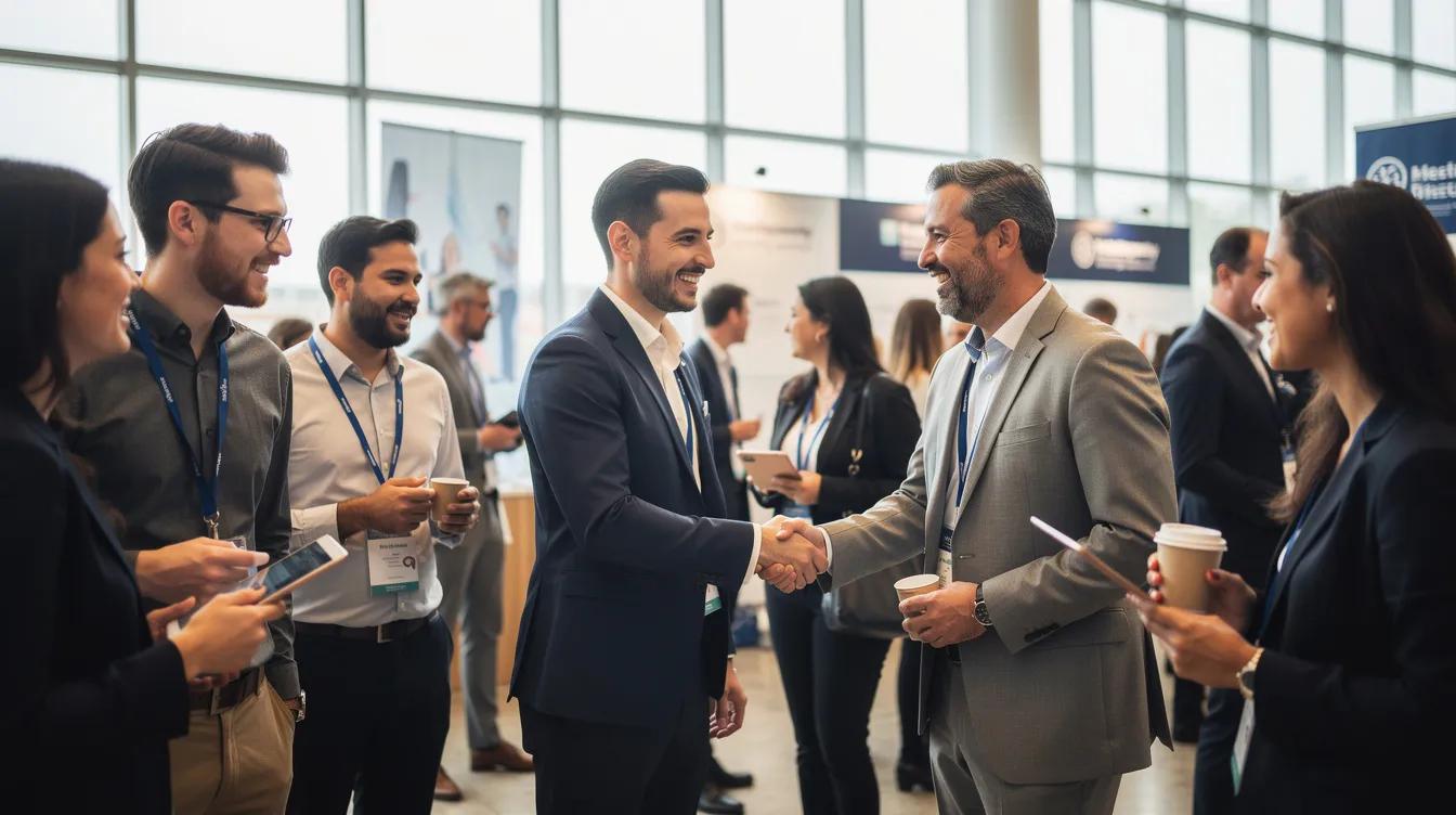 The image depicts a diverse group of professionals shaking hands and networking at a conference event, highlighting the importance of member engagement strategies within professional associations. This scene emphasizes the value of building connections and encouraging participation among both new and existing members.