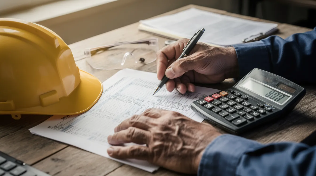 A construction worker's hands are seen reviewing financial documents alongside a calculator on a desk, with a hard hat and safety glasses nearby, illustrating the importance of securing reliable hard money construction loans for managing construction costs and financing projects effectively.